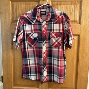 Wrangler Western Camicia Uomo L Large Rosso Nero Plaid Manica Corta Snap Perla - Foto 1 di 4