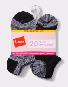 Hanes No Show Socks 20-Pack Girls EZ Sort Lightweight Soft Grey Black White - Picture 1 of 5