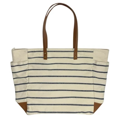 Сумка с короткими ручками Bath & Body Works цвета слоновой кости с синей полосой холщовая коричневая сумка из искусственной кожи - Изображение 1 из 4