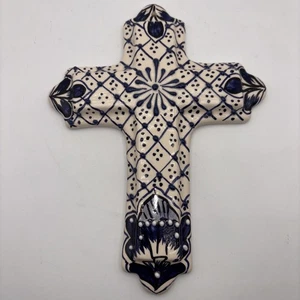 Colgante de Pared Cruz Cerámica Talavera Pintado a Mano Azul Blanco AIBA México - Imagen 1 de 9