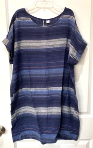Old Navy Size Large Linen Blend Blue Grey Striped Shift Dress Baja - Picture 1 of 7