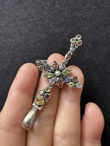 925 Sterling Silver Amethyst Peridot Citrine Garnet Tanzanite Pendant-7cm 8.36g - Picture 1 of 13