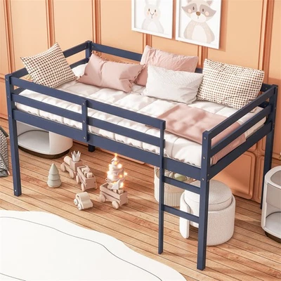 Cama tipo loft baja tamaño doble con listones reforzados y almacenamiento de espacio en la cama para niños, azul Foto 1 de 4