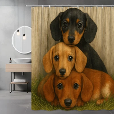 Linda cortina de ducha para perros - diseño de cachorros negro, marrón y bronceado Foto 1 de 4