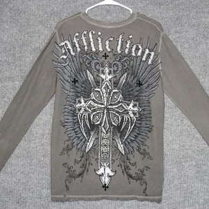 Affliction T Shirt Mens M Gray Long Sleeve Thermal Grunge Skater Cross Angel - Picture 1 of 7