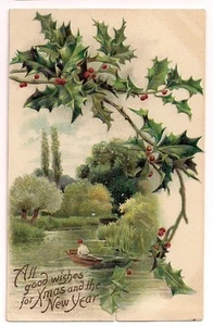 Nash Man in Row Boat with Holly detail Christmas Postcard - Picture 1 of 1