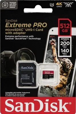 NEW: 512GB SanDisk Extreme PRO microSDXC 200MB/s A2 U3 4K Memory Card & Adapter - Image 1 of 4