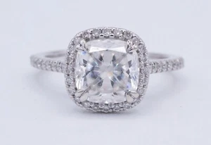 14KT White Gold 2ct Radiant Moissanite Halo w/ Natural Diamond Accent Ring Sz 5 - Picture 1 of 9