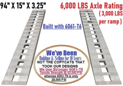 94" X 15" 6000 LBS ALUMINUM TRAILER RAMPS 8 Car Auto 96 Hauler Truck Hook end - Image 1 of 4