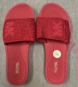 Michael Kors Women's ⭐️MK Logo Sparkle Satin Slide Sandal Red~Size 9~ NEW!