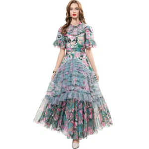 Occident Womens Short Flare Sleeve Ruffles Floral Print Sequins Long Swing Dress - Picture 1 of 25