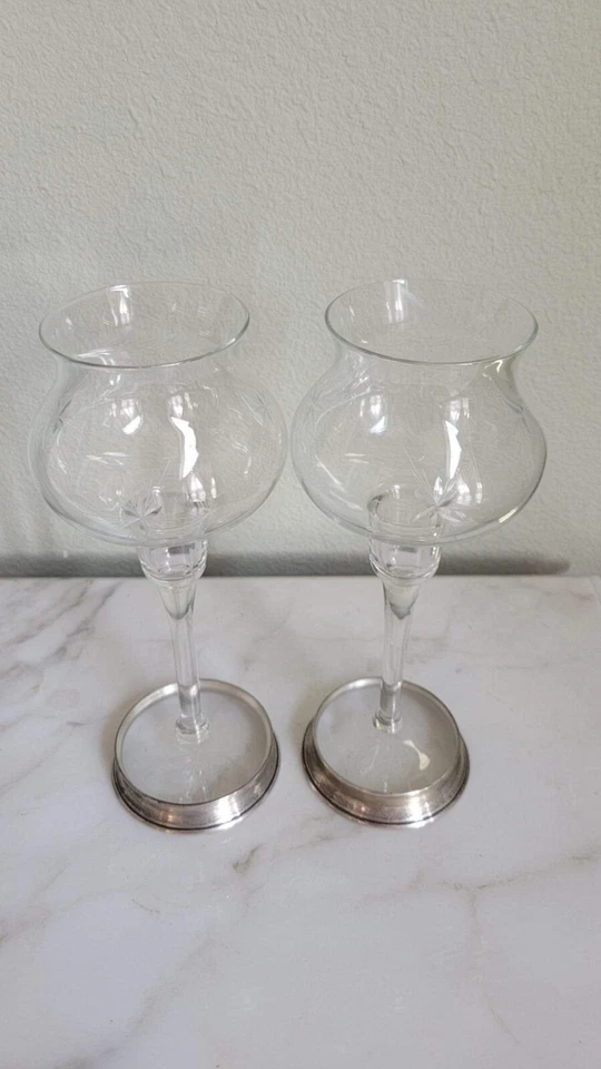 VTG PAIR 10 IN WALLACE TALL ETCHED CRYSTAL GLASS STERLING SILVER CANDLE HOLDERS  - Image 1 of 4