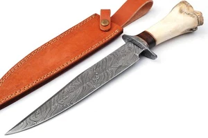 Custom Damaststahl Jagdmesser mit Kamelknochengriff mit Scheide. - Bild 1 von 6
