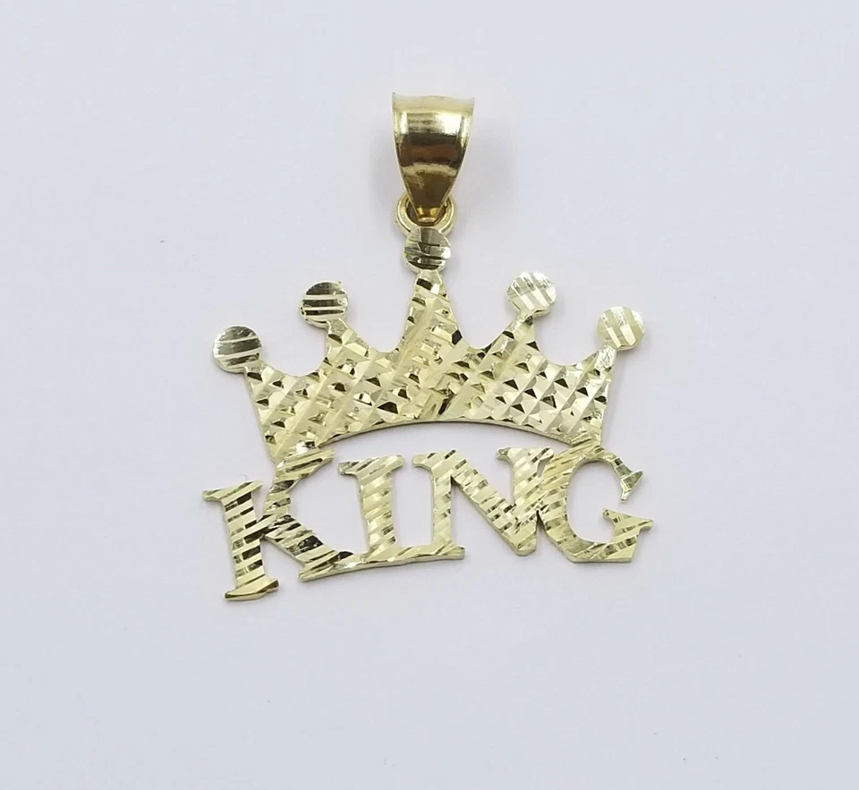 REAL CORONA REAL 10k Dije Oro Amarillo Corte Diamante Colgante Para Hombre 1.25" 26mm Foto 1 de 4