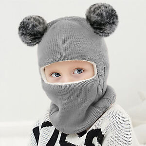 Baby Kids Boys Girls Winter Warm Hat With Fur Ball Toddler Beanie Cap+Scarf Set