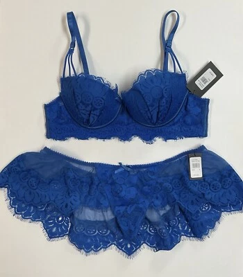 Frederick's Of Hollywood L/XL Blue Stephanie Eyelash Lace Bra & Thong Panties - Image 1 of 4