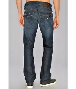 NUEVO True Religion Jeans Mens Ricky 32 x 33 Straight Leg Low Rise Pyramid Tachonado - Imagen 1 de 6