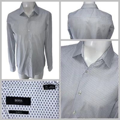 Camisa de Vestir Hugo Boss Jenno Hombres 15.5 39 Blanco Azul Geométrico Calce Ajustado Algodón YGI Foto 1 de 4