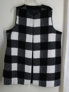 Talbots Sz 1X Black White Blanket Gingham Check Long Wool Vest Jacket - Picture 1 of 10