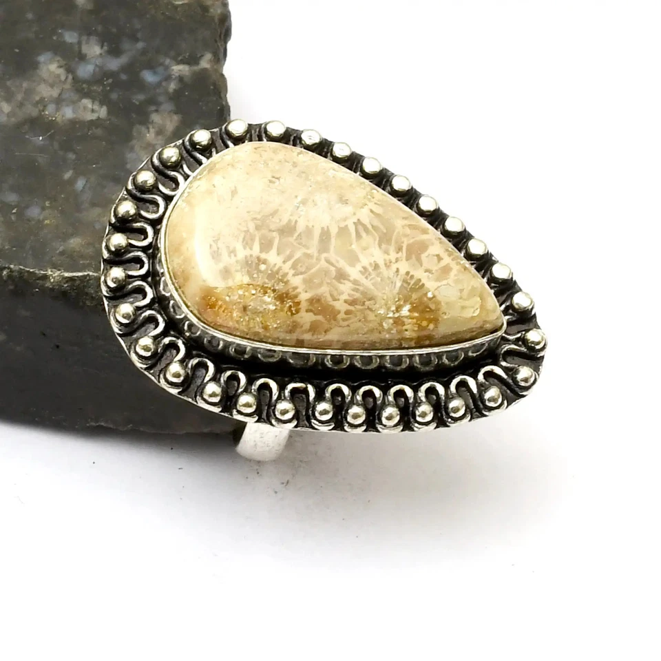 Fossil Coral Gemstone Ethnic Handmade Ring Jewelry Gift US Size-7 AR 28637 - Image 1 of 1