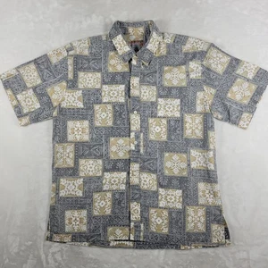Reyn Spooner Button Up Shirt Men's Large Gray Beige Hawaiian Geometric Casual - Picture 1 of 7
