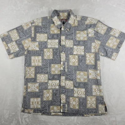 Reyn Spooner Button Up Shirt Men's Large Gray Beige Hawaiian Geometric Casual - Image 1 of 4