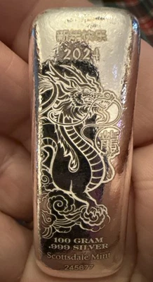 Barra de plata fundida Scottsdale Mint “Año del Dragón” 🐉 100 gramos 999 #245677 Foto 1 de 4