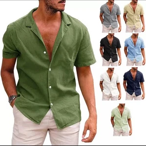 Men's Summer Linen Cotton Tops Short Sleeve Casual Button Down T Shirt - Picture 1 of 27