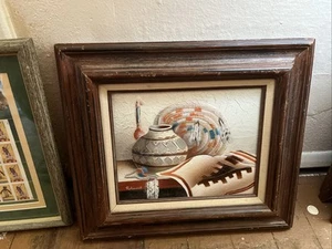 Signed Western Native American Indian Zuni Pottery & Maize Corn Oil Painting - Picture 1 of 3