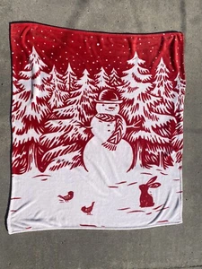 Hallmark Keepsake Christmas Winter Fleece Blanket Snowman Pines 56.5x49” Red** - Picture 1 of 8