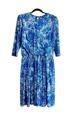 Vtg 80s Leslie Fay Women's 20W Blue Floral Blouson Shoulder Pads Midi Dress - Image 1 of 4
