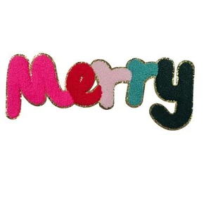 Chenille & Glitter "Merry" Iron-On Patch for the Holidays 4.5" x 11.125" - Picture 1 of 4