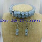 2 Row Fashion 8mm Light Blue Jade Round Gemstone Bead Bracelet Earrings 7.5" Set