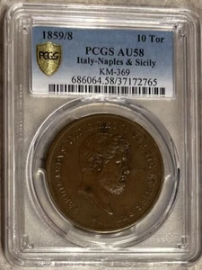 1859/8 Italy Naples & Sicily 10 Tornesi PCGS AU58 Very Rare Error - Picture 1 of 6