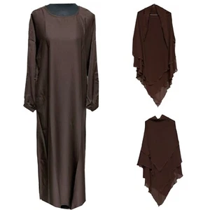 Simple Plain Brown Nida Prayer Dress Abaya Jilbab with Free Khimar and Niqab
