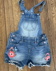 Jordache Overalls Girls Size 7/8 Denim Shortalls Embroidered Flower Vintage Boho - Picture 1 of 9