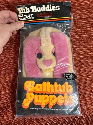 Paño de marioneta vintage 1982 Tub Buddies Bobbin’ Bunny RARO NUEVO EN PAQUETE Foto 1 de 4
