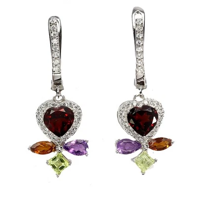 925 Sterling Silver Earrings Heart Mozambique Amethyst Citrine Gemstone Jewelry - Image 1 of 4