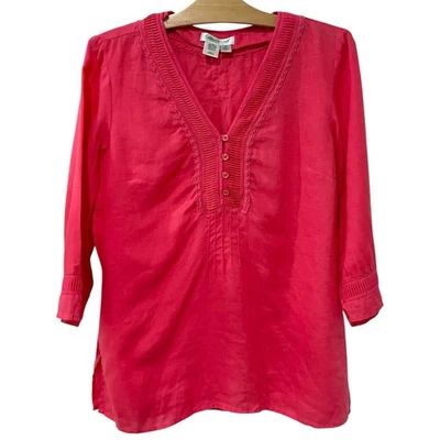 Coldwater Creek | Top Rosa Lino Cuello en V Mangas 3/4 Playa Vacaciones - Talla Mediana Foto 1 de 4