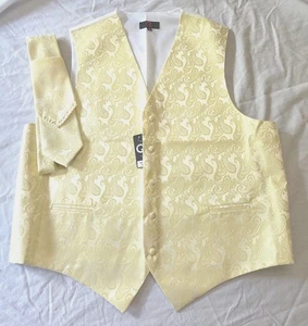 NEW Q Brand Men's XXL Luxury Satin Damask Paisley Pale Yellow Tuxedo Vest & Tie - Picture 1 of 4