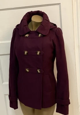 Pink Envelope Sz S Burgundy Double Breasted Satin Lined Pea Coat  Jacket - Image 1 of 4