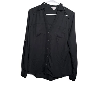 Candie's Blouse Women's Medium Black Cutout Button Up Long Sleeve Collared Shirt - Picture 1 of 10