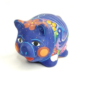 Mexico Talavera Terra Cotta Folk Art Hand Painted Pig Figurine Matte Signed - Picture 1 of 6