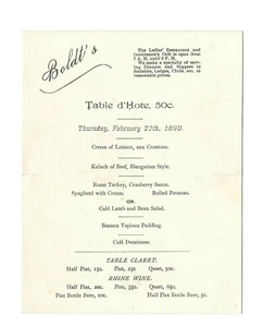 Vintage Department Store Menu BOLDT'S Table de Hote 1890 - Picture 1 of 1