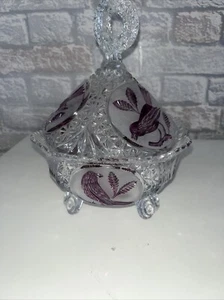 Hofbauer Byrdes Covered Candy Dish Cranberry Glass 3-footed Crystal Ruby Birds - Picture 1 of 7
