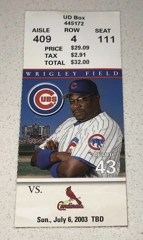 7/6/03 St Louis Cardinals MLB Chicago Cubs Game Used Season Style Ticket Stub Cover