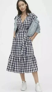 NWT Gap Gingham Wrap Midi Dress Navy Blue Gingham XS #541226 - Picture 1 of 4