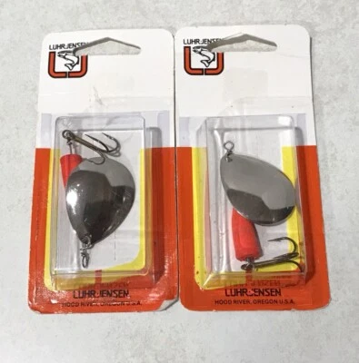 LOT OF 2 Vintage LUHR JENSEN Weighted Spinner Lures FLO RED SMOOTH CHROME BLADE - Image 1 of 4
