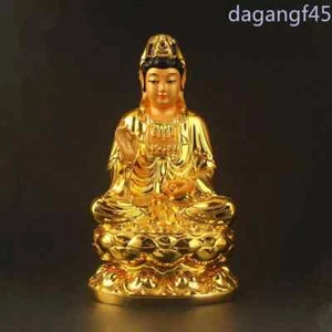 Small Buddha Statue of Guanyin Bodhisattva Gold Plated Resin Auspicious - Picture 1 of 8