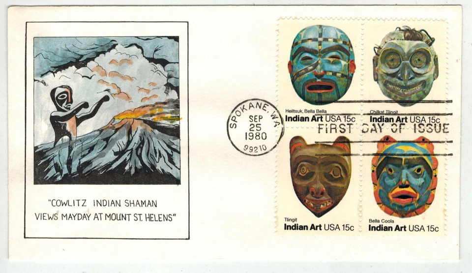 Watercolor HANDPAINTED 1834/1837 INDIAN ART Block of 4 Shaman Mount St. Helens - Image 1 of 1